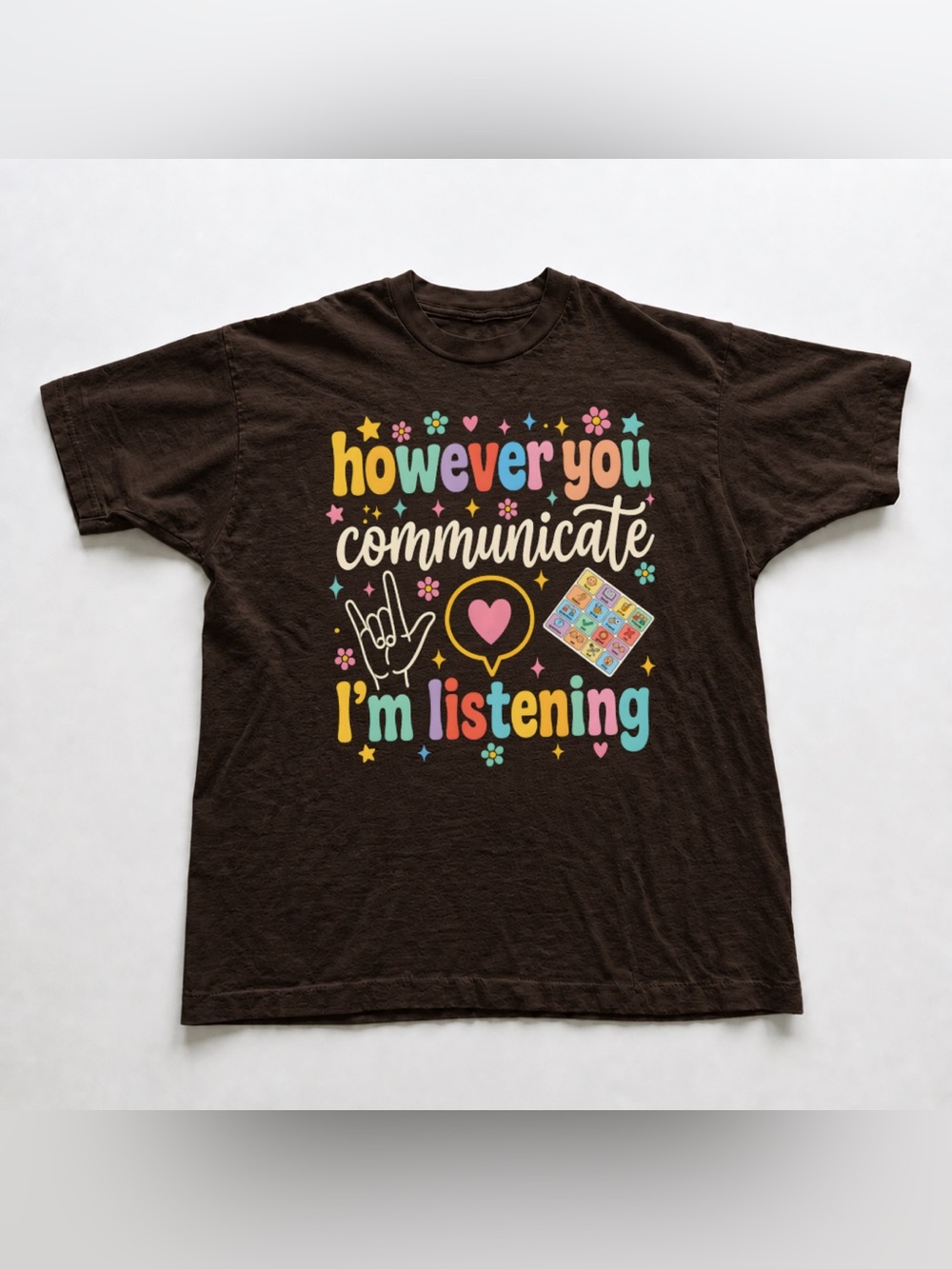 Dark Chocolate Tee with Multicolor Pastel Graphic